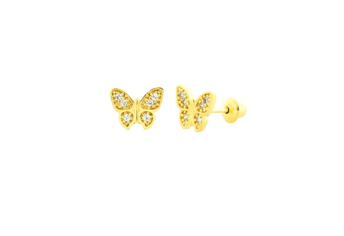 Brinco infantil de ouro 18K borboleta com pedras de zirconia
