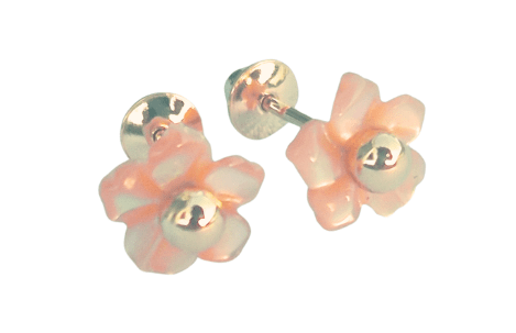 Brinco  infantil Flor de Madrepérola pequeno 6 mm rosa com bolinha de ouro 18k
