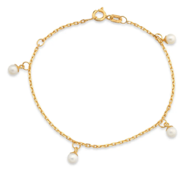 Pulseira com 4  pérolas penduradas e ouro amarelo