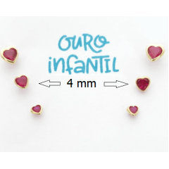 Brinco infantil ouro 18K coração em zircônia rosa médio 4mm 